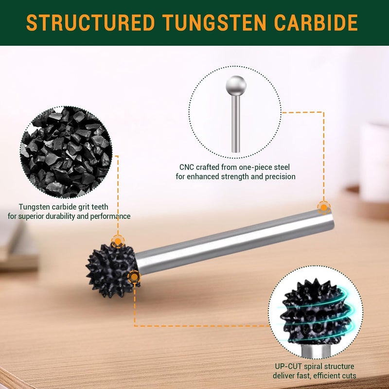 ToolTrek Store Extreme Spikes Sphere Rotary Burr, 1⁄8" Shaft, Very Coarse - Woodworking Attachment for Dremel, Foredom, DeWalt, Milwaukee. Abrasive Tungsten Carbide - Image 1